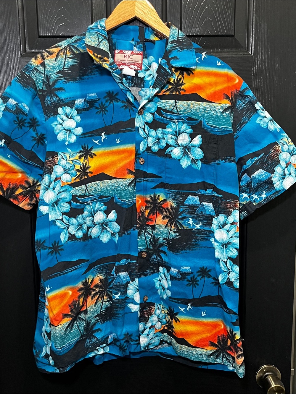 RJC Mens Large Shirt XL Blue Aloha Hawaiian SS Cotton Sunrise Hibiscus Pocket